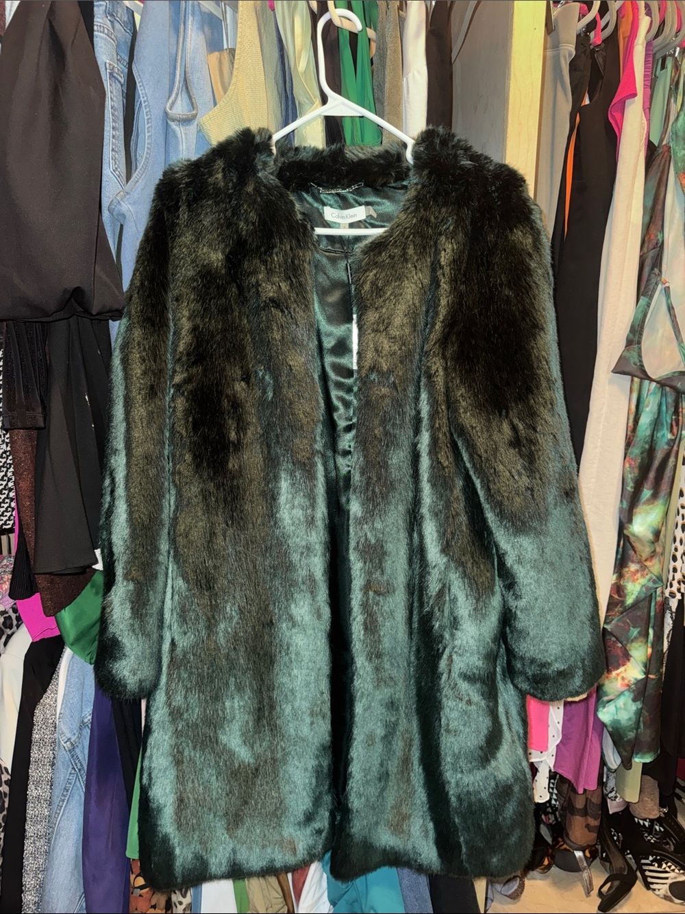 Calvin Klein Dark Green Faux Fur Teddy Coat